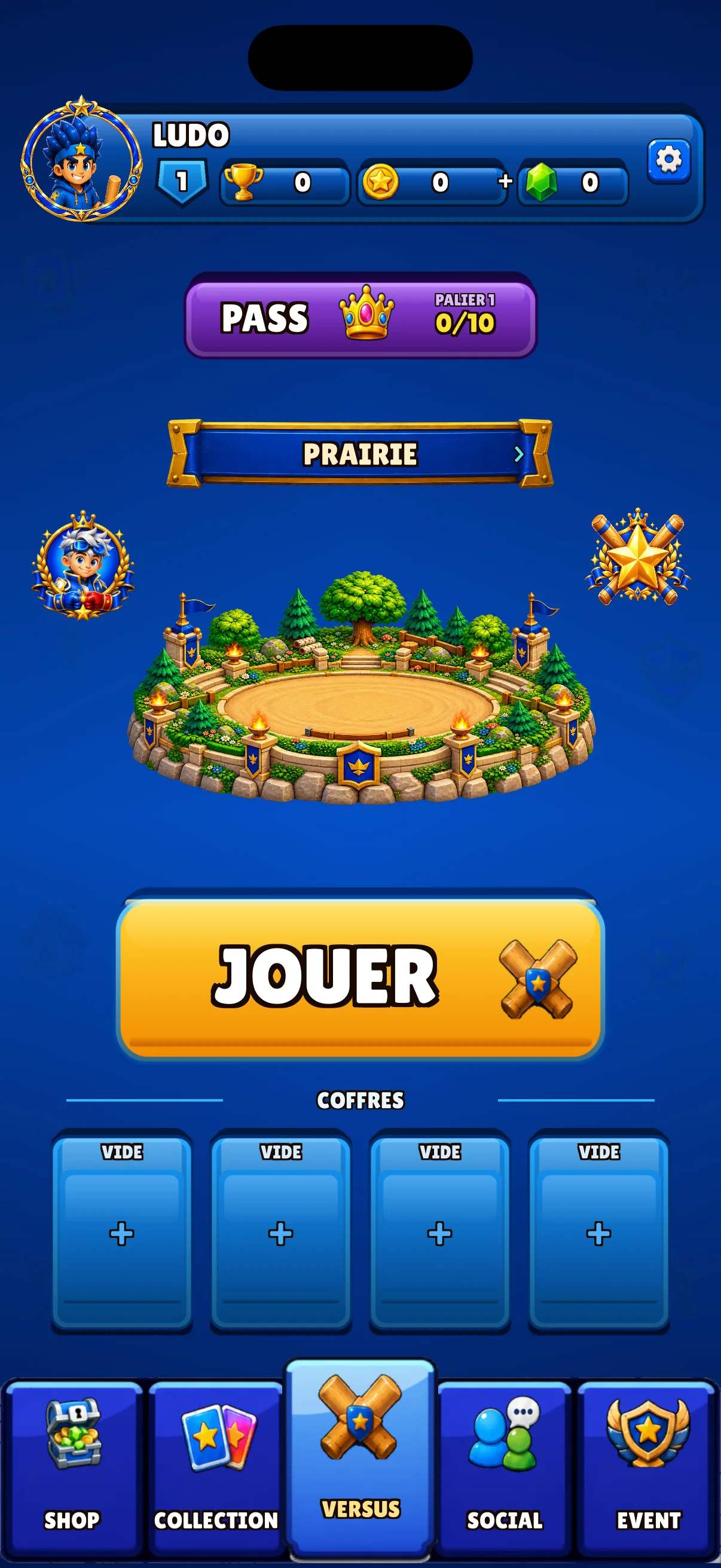 Accueil actuel de FiftyRoyale avec l’arène et le bouton Jouer